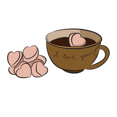 Cup of hot cocoa or coffee, marshmallows. Christmas feeling. Vector illustration. Valentine's Day
