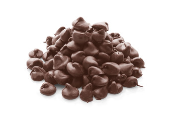 Heap of tasty chocolate chips on white background
