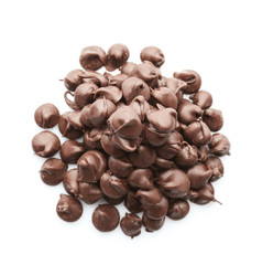 Heap of tasty chocolate chips on white background