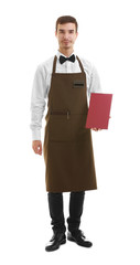Cute waiter holding red menu folder on white background