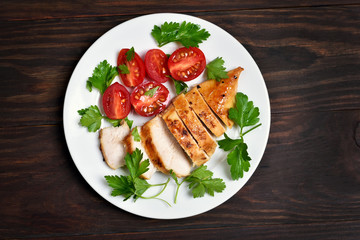 Roasted chicken breast and vegetable salad, top view
