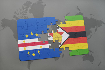 puzzle with the national flag of cape verde and zimbabwe on a world map