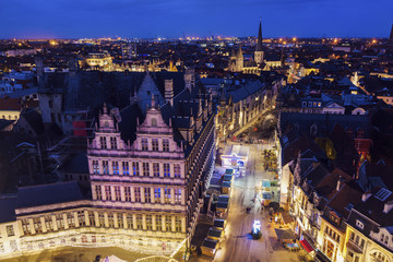 Fototapeta premium Night in Ghent - aerial view