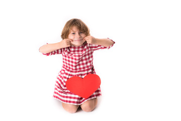 funny Girl child  with red paper  heart,  
