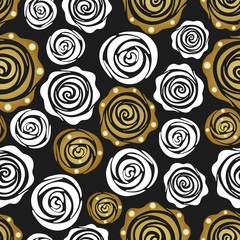Seamless pattern with golden and white roses. Create gift and packaging paper, scrapbook, fabric materials, holiday invites, birthday cards, party decorations, clothes, textile, web pages and more.