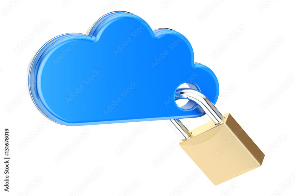 Poster computing cloud with padlock. security and protection concept, 3