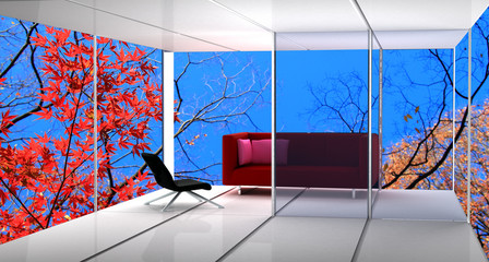 living room and Maple tree in autumn background