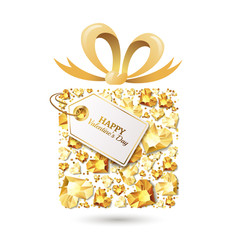 Valentines day vector greeting card. Gift box with 3d gold heart diamonds, gems, jewels, bow ribbon, tag. Design for banner, party invitation, flyer for gift shop. Golden holiday poster with jewels.