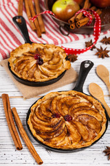 Cast Iron Skillet Apple Cake. Selective focus.