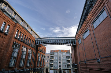 The metal structure  and brick walls in an old brewery in Poznan.