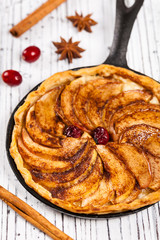 Cast Iron Skillet Apple Cake. Selective focus.
