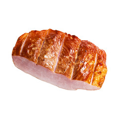 Piece of Smoked Carving Ham Isolated on White Background. Selective focus.