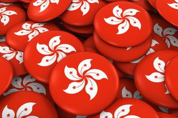 Hong Kong Badges Background - Pile of Hong Kongese Flag Buttons 3D Illustration