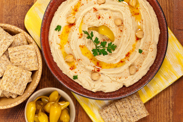 Hummus Dip with Olive Oil. Selective focus.