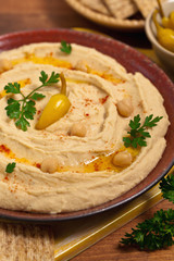 Hummus Dip with Olive Oil. Selective focus.