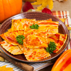 Roasted Pumpkin Gourmet Pasta Main Dish. Selective focus.
