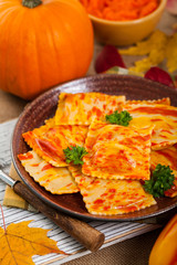 Roasted Pumpkin Gourmet Pasta Main Dish. Selective focus.