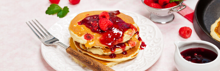 Pancakes with Raspberry Sauce. Selective focus.