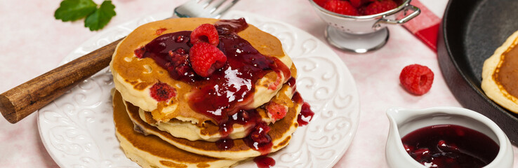 Pancakes with Raspberry Sauce. Selective focus.