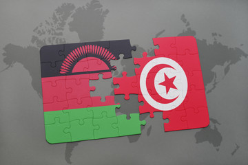 puzzle with the national flag of malawi and tunisia on a world map