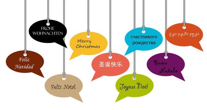 Merry Christmas. Greeting card with bubbles. Different languages - English, Chinese, Portuguese, Russian, Spanish, Italian, French, Germany