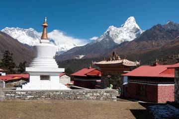 Mt. Everest, Nuptse to Lhotse ridge and Mt. Ama Dablam from Tengboche Monastery, Tengboche, Solu Khumbu, Nepal