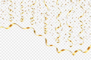 Gold curly ribbon confetti. Golden serpentine transparent background. Colorful streamers. Decoration party, birthday, Christmas, New Year celebration, anniversary, carnival Vector illustration