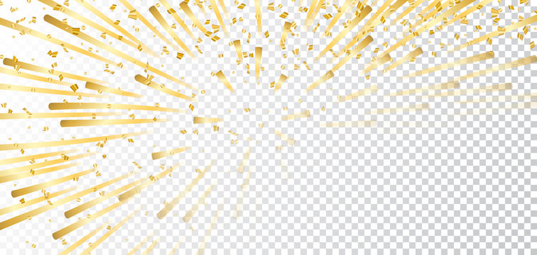 Gold bright firework, confetti on white transparent Christmas background. Golden decoration abstract design Happy New Year card, greeting, Xmas holiday celebrate, invitation. Vector illustration