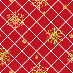 Christmas gold snowflake seamless pattern. Golden snowflakes on red and white rhombus background. Winter snow texture wallpaper. Symbol holiday, New Year celebration Vector illustration