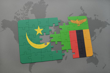 puzzle with the national flag of mauritania and zambia on a world map