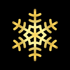 Obraz premium Gold Christmas snowflake icon. Golden silhouette snow flake sign isolated on black background. Elegant design for card, greeting, decoration. Shine texture. Symbol of winter Vector illustration