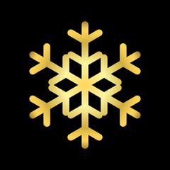 Gold Christmas snowflake icon. Golden silhouette snow flake sign isolated on black background. Elegant design for card, greeting, decoration. Shine texture. Symbol of winter Vector illustration