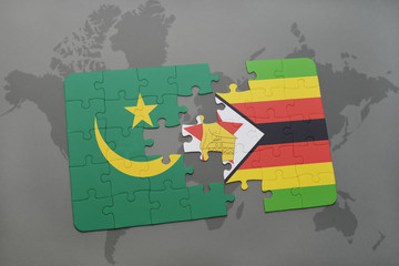 puzzle with the national flag of mauritania and zimbabwe on a world map