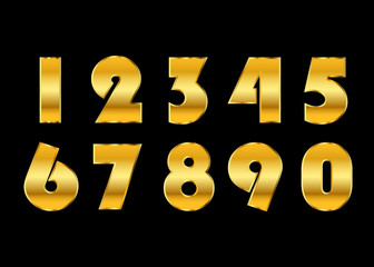 Gold numbers set. Golden metallic font, isolated on black background. Beautiful typography metal design for decoration. Symbol elegance royal graphic. Modern fashion signs. Vector illustration