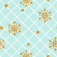 Christmas gold snowflake seamless pattern. Golden snowflakes on blue and white rhombus background. Winter snow texture wallpaper. Symbol holiday, New Year celebration Vector illustration