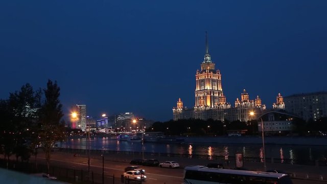 Radisson Royal Hotel in Moscow at night. Former Ukraina Hotel panoramma timelaps