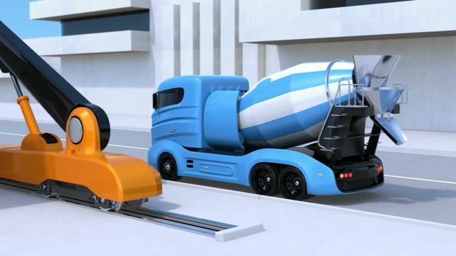 Self-driving electric concrete mixer trucks and industrial 3D printer which printing the house. 3D rendering animation.