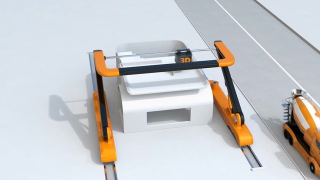 Self-driving electric concrete mixer trucks and industrial 3D printer which printing the house. 3D rendering animation.