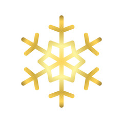 Gold Christmas snowflake icon. Golden silhouette snow flake sign isolated on white background. Elegant design for card, greeting, decoration. Shine texture. Symbol of winter Vector illustration