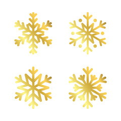 Gold Christmas snowflakes set icons. Golden silhouette snow flake sign isolated on white background. Elegant design card, greeting, decoration. Shine texture. Symbol of winter Vector illustration