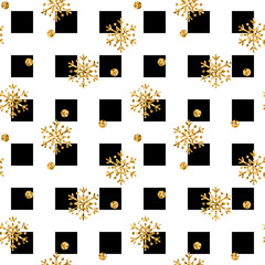 Christmas gold snowflake seamless pattern. Golden glitter snowflakes on black white square background. Winter snow design texture wallpaper Symbol holiday, New Year celebration Vector illustration