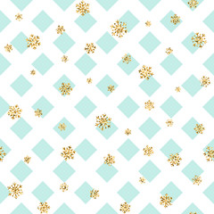 Christmas gold snowflake seamless pattern. Golden snowflakes on blue and white rhombus background. Winter snow texture wallpaper. Symbol holiday, New Year celebration Vector illustration