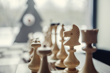 Chess pawns on the chessboard. Closeup