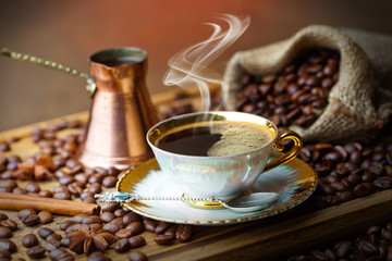 Black coffee on old background