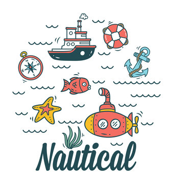 cartoon nautical, marine icon set