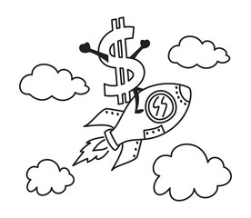 Cartoon illustration of dollar riding rocket up high to the sky