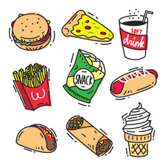 Set of fast food icon doodle isolated on white background with burger, pizza, soft drink, french fries, potato chip, hot dog, taco, burrito and ice cream cone