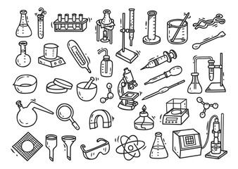 Set of laboratory equipment in doodle style