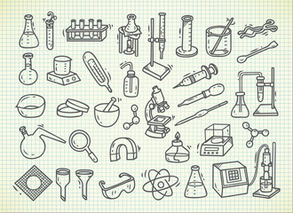 Set of laboratory equipment in doodle style