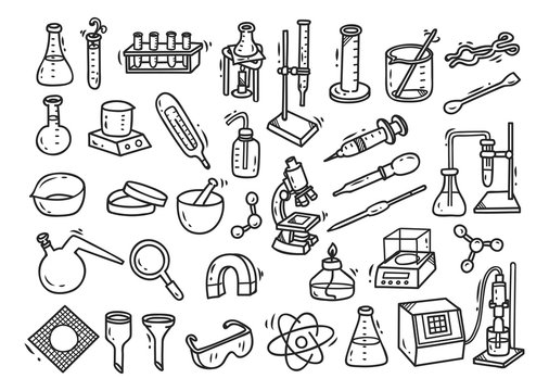 Set of laboratory equipment in doodle style